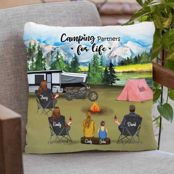 Personalized Camping Pillow Cover/Cushion Cover - Gift For Camping Lovers With 3 Adults And 2 Kids - Camping Partner For Life