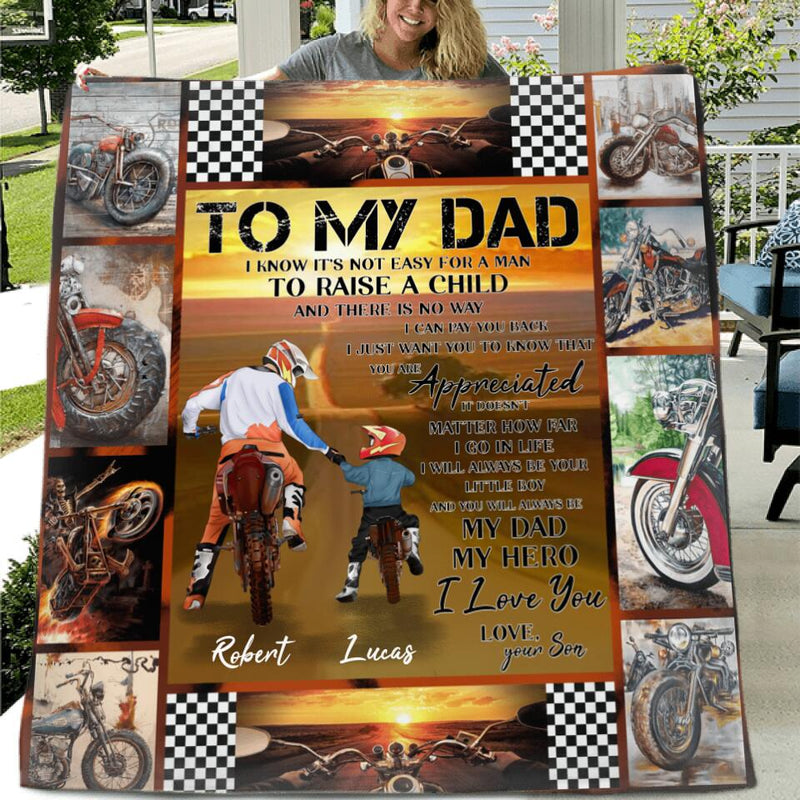 Personalized Father & Son Biker Fleece Throw Blanket/Quilt - Gift Idea For Bike Lovers From Son To Father - To My Dad