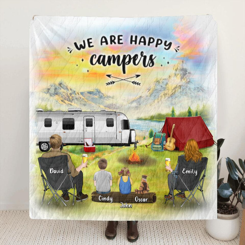 Personalized Camping Fleece Throw Blanket/Quilt - Gift Idea For Mother's day/Father's Day with up to 2 Kids - We Are Happy Campers