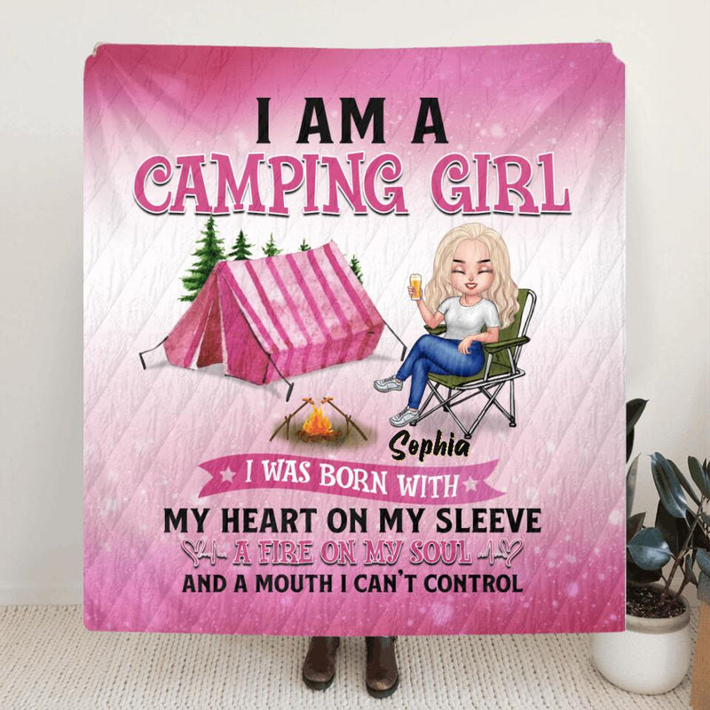 Personalized Camping Queen Quilt - Gift Idea For Camping Lovers/Mother's Day - I Am A Camping Girl, I Was Born With My Heart On My Sleeve