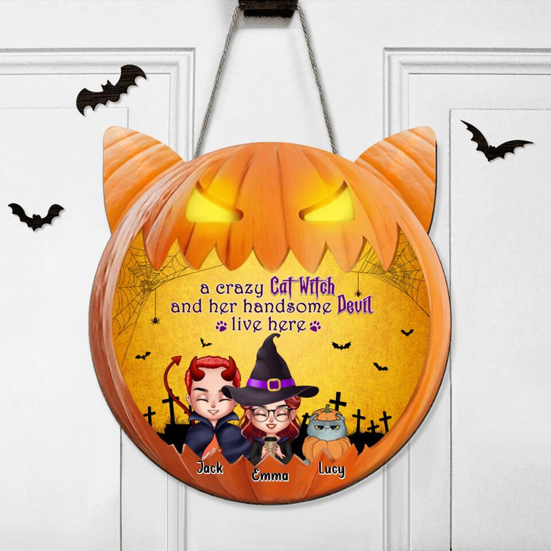 Personalized Halloween Cat Wooden Sign - Couple With Up to 6 Cats - Halloween Gift For Couple/Cat Lovers/Wiccan Decor/Pagan Decor - A Crazy Cat Witch And Her Handsome Devil Live Here