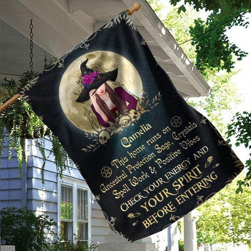 Personalized Witch Flag Sign - Gifts Idea For Halloween - This Home Runs On Ancestral Protection Sage