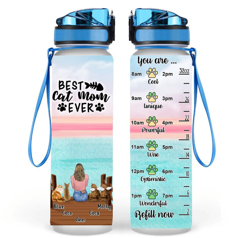 Personalized Cat Mom Water Tracker Bottle - Gift Idea For Cat Lover With Up To 4 Cats - Best Cat Mom Ever