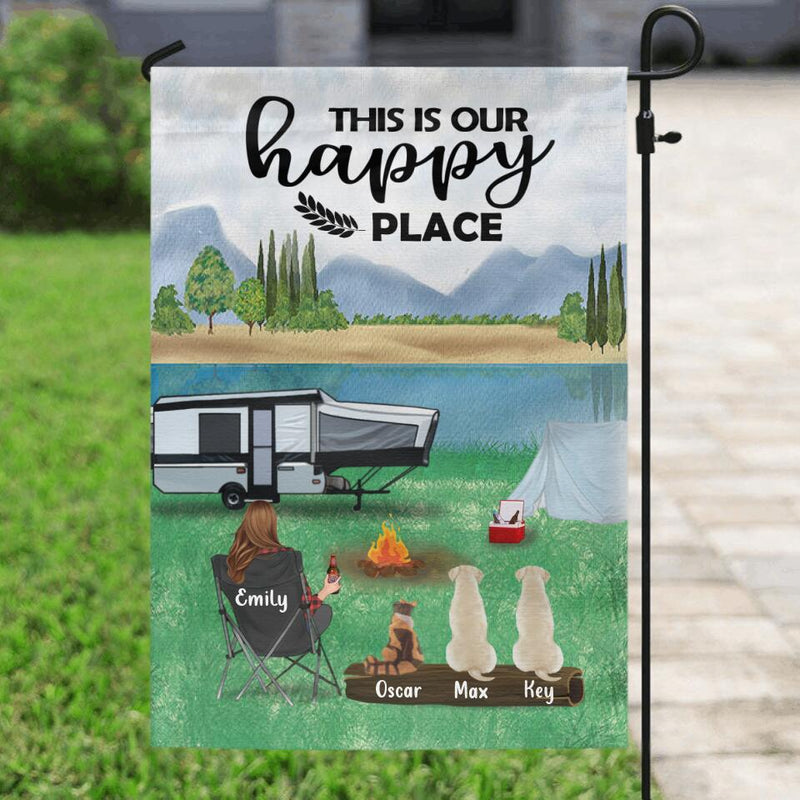 Personalized Camping Flag - Single Parent With 3 Pets - This Is Our Happy Place