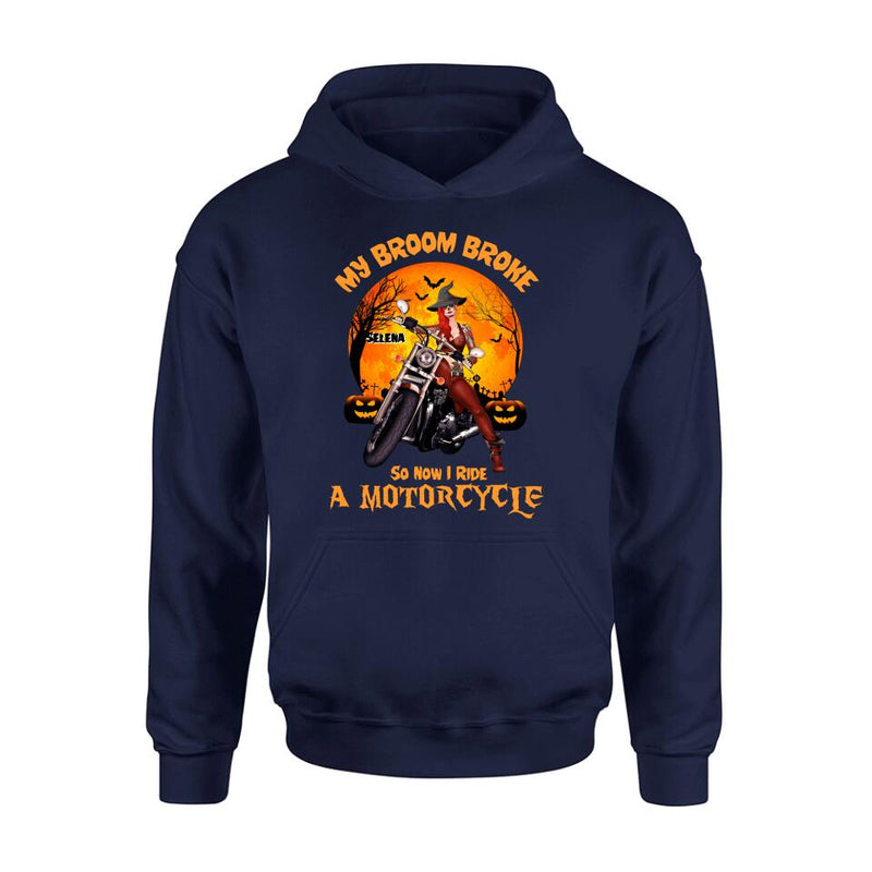 Personalized Witch Biker Shirt - Halloween Gift Idea For Bikers - My Broom Broke So Now I Ride A Motorcycle