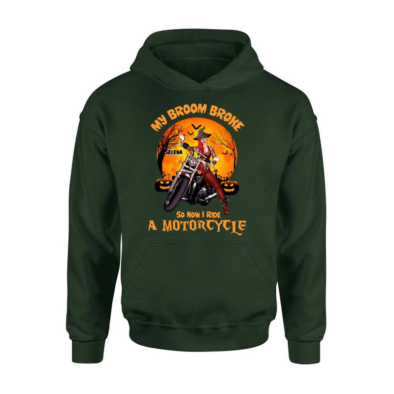 Personalized Witch Biker Shirt - Halloween Gift Idea For Bikers - My Broom Broke So Now I Ride A Motorcycle