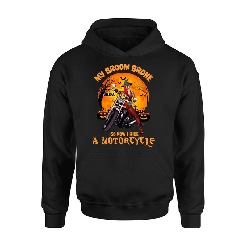 Personalized Witch Biker Shirt - Halloween Gift Idea For Bikers - My Broom Broke So Now I Ride A Motorcycle