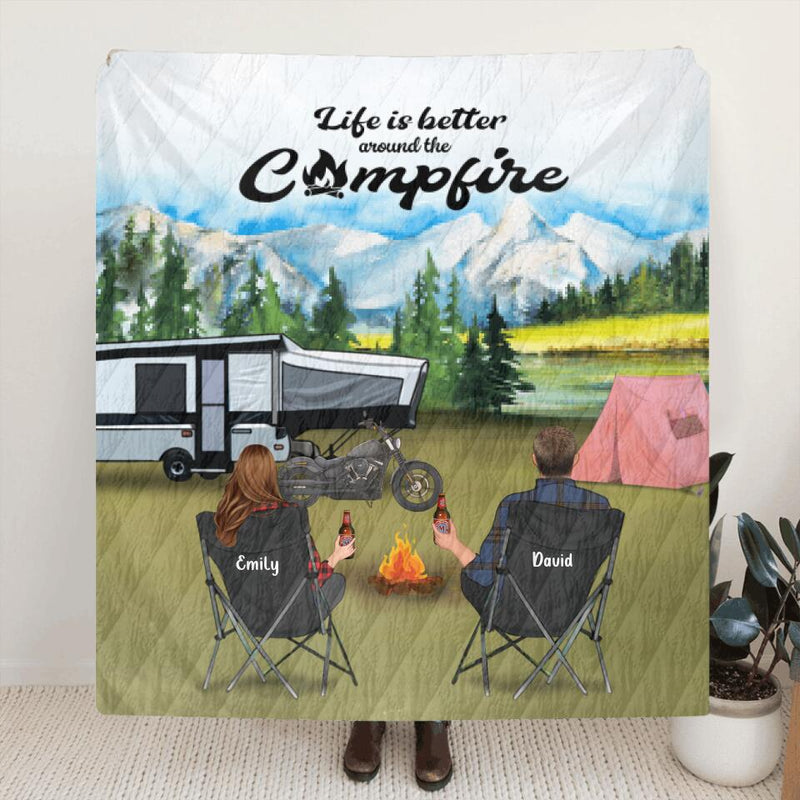 Personalized Camping Blanket - Parents with up to 5 Kids and 4 Pets - Gift Idea For The Whole Family - Life is better around the campfire