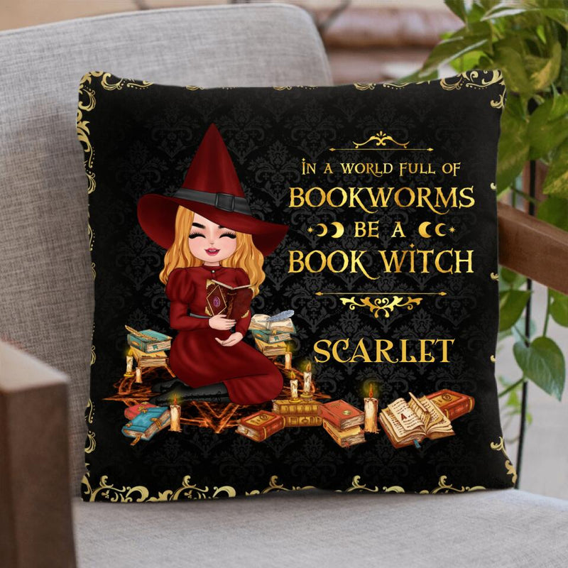 Personalized Book Witch Pillow Cover - Halloween Gift Idea For Book Lovers - In A World Full Of Bookworms Be A Book Witch