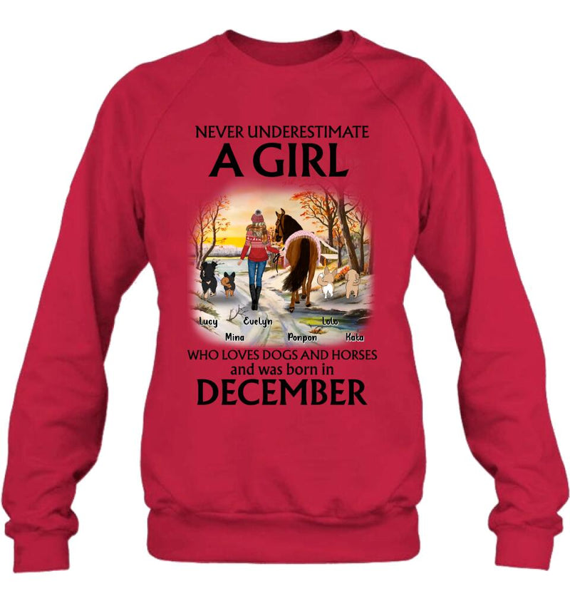 Personalized Dogs And A Horse Shirt - Up to 4 Dogs - Christmas Gift Idea For Horse/Dog Owners - Never Underestimate A Girl Who Loves Dogs And Horses
