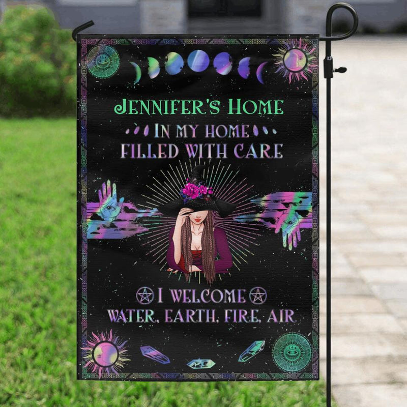 Personalized Witch Lair Flag Sign - Gift Idea For Witch Lovers/Halloween - In My Home, Filled With Care I Welcome Water, Earth, Fire, Air