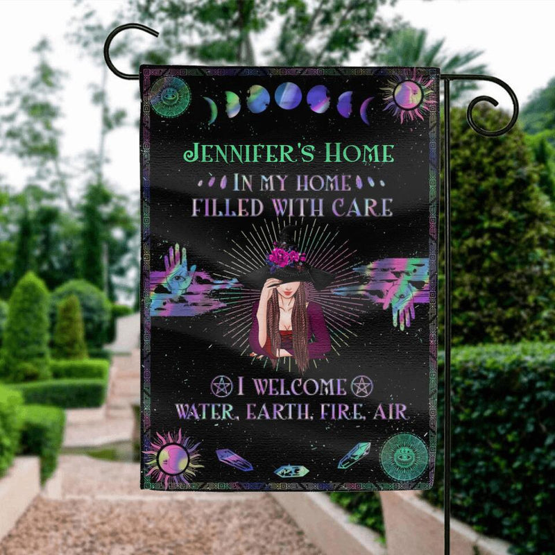 Personalized Witch Lair Flag Sign - Gift Idea For Witch Lovers/Halloween - In My Home, Filled With Care I Welcome Water, Earth, Fire, Air