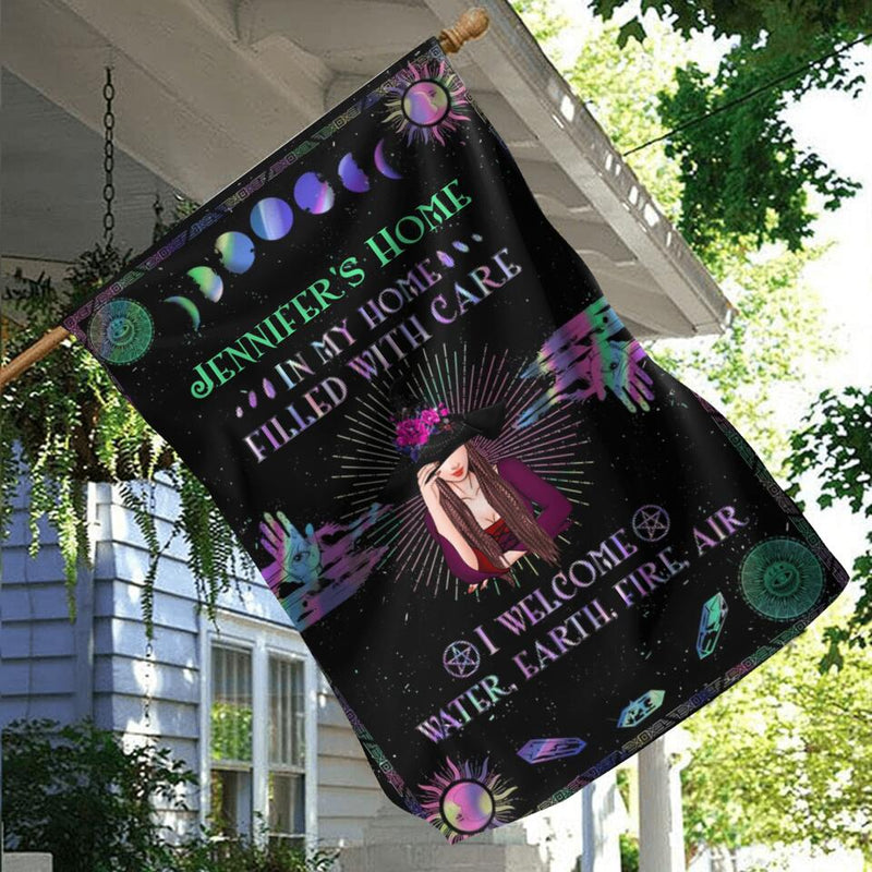 Personalized Witch Lair Flag Sign - Gift Idea For Witch Lovers/Halloween - In My Home, Filled With Care I Welcome Water, Earth, Fire, Air