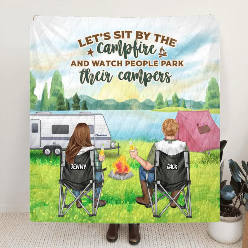 Personalized Camping Couple Fleece Throw Blanket/Quilt - Gift for Couple/Camping Lovers/ Mother's Day Gift From Husband - Let's Sit By The Campfire And Watch People Park Their Campers
