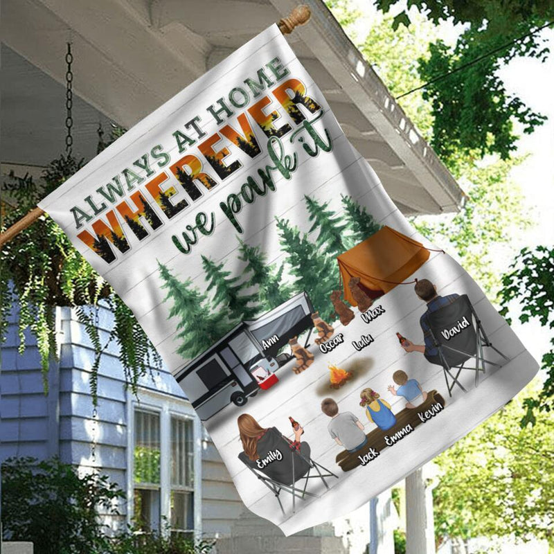 Personalized Camping Flag - Couple/Parents with Up to 3 Children & 4 Pets - Gift Idea From Camping Lovers - Always At Home Wherever We Park It