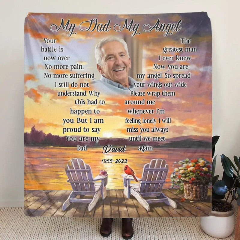 Personalized Memorial Photo Fleece Throw Blanket/Quilt - Gift Idea For Father's Day - My Dad/Husband My Angel