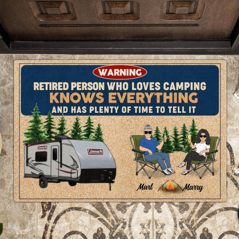 Personalized Retired Couple Doormat - Gift Idea For The Retired/Mother's Day/Father's Day - Warning Retired Person Who Loves Camping Knows Everything