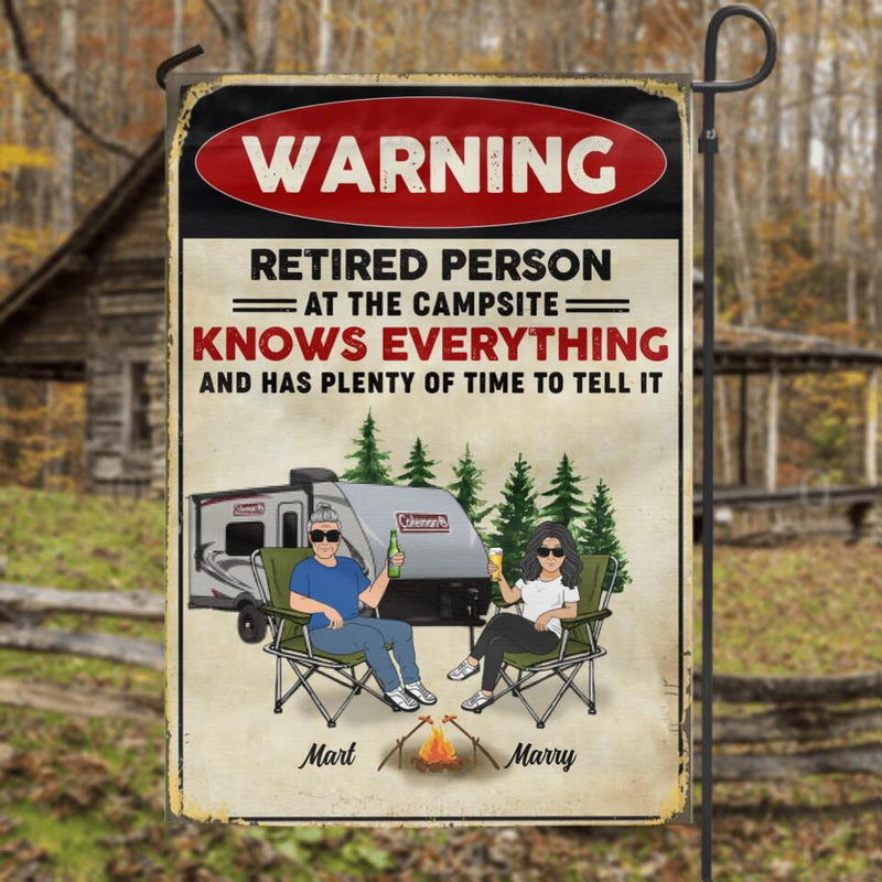 Personalized Retired Couple Flag Sign - Gift Idea For The Retired/Mother's Day/Father's Day - Warning Retired Person At The Campsite Knows Everything