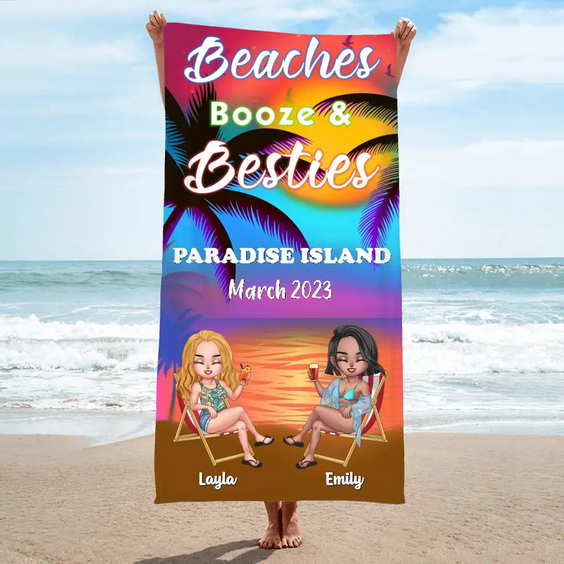 Personalized Girl's Trip Beach Towel - Up to 6 People - Gift Idea For Besties/Sisters/Friends - Beaches Booze & Besties