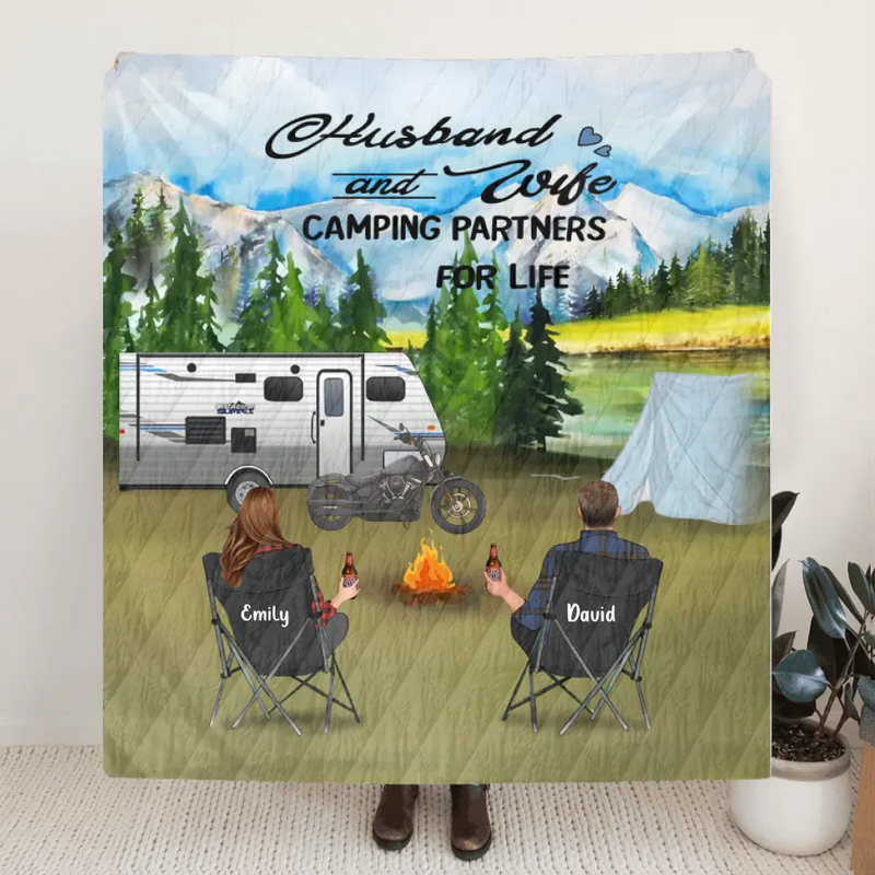 Personalized Camping Quilt - Parents With Kids And Pets - Gift Idea For The Whole Family - Father's Day/Mother's day Gift - Husband And Wife Camping Partners For Life