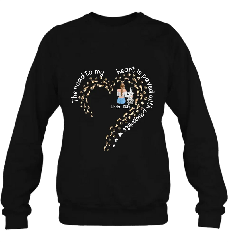 Personalized Memorial Dog With Man/Woman Shirt/Hoodie/Long sleeve/Sweatshirt - Gift Idea For Dog Lovers/Dog Owners - The Road To My Heart Is Paved With Pawprints