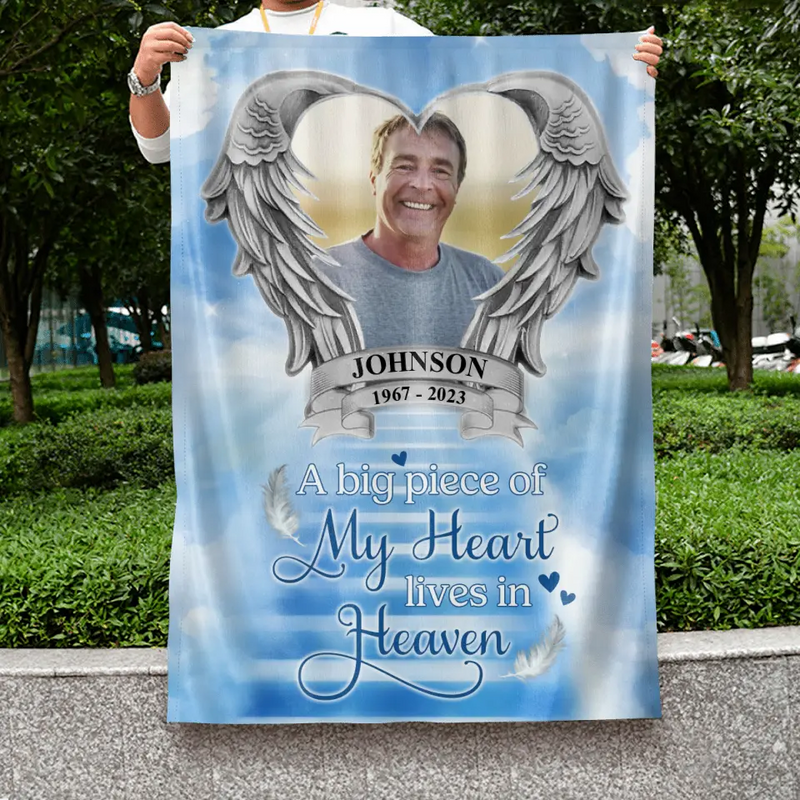 Personalized Memorial Photo Flag Sign - Memorial Gift Idea for Father's Day/Mother's Day - A Big Piece Of My Heart Lives In Heaven