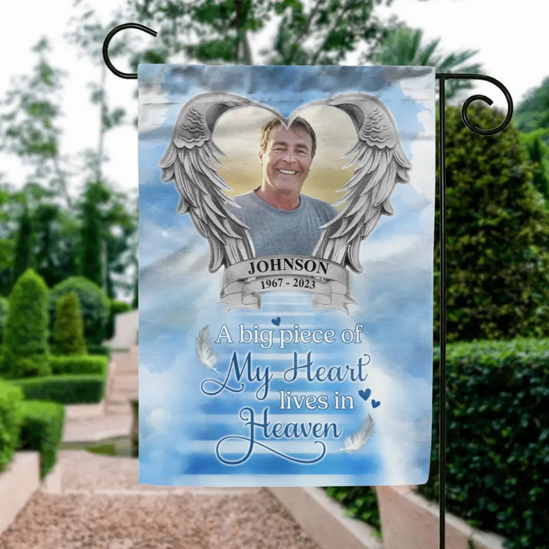 Personalized Memorial Photo Flag Sign - Memorial Gift Idea for Father's Day/Mother's Day - A Big Piece Of My Heart Lives In Heaven