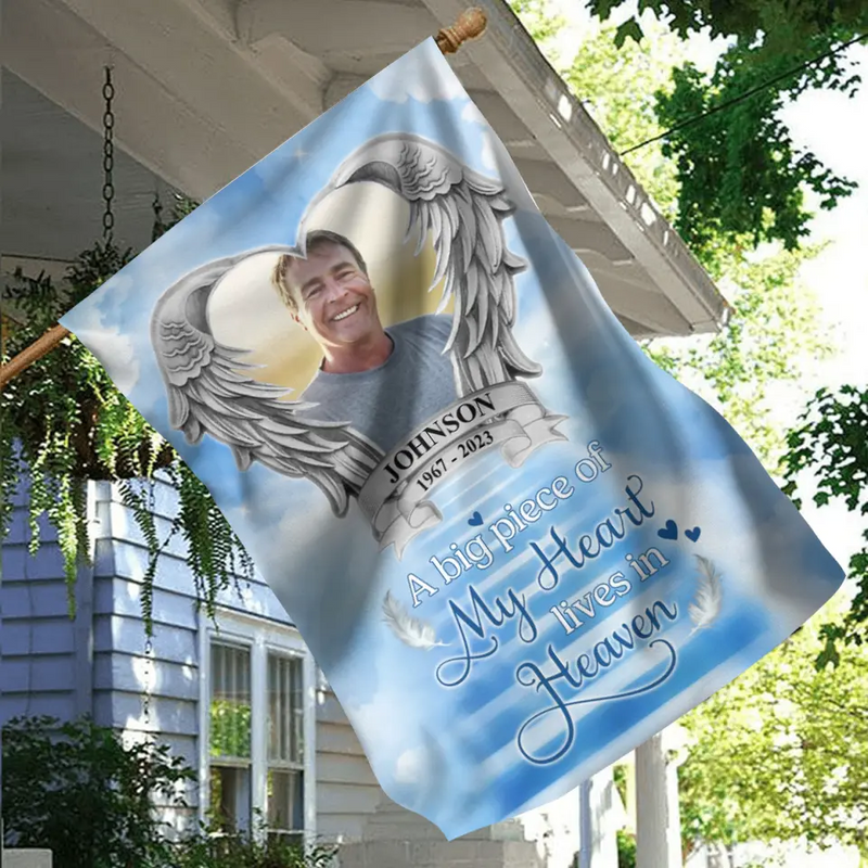 Personalized Memorial Photo Flag Sign - Memorial Gift Idea for Father's Day/Mother's Day - A Big Piece Of My Heart Lives In Heaven
