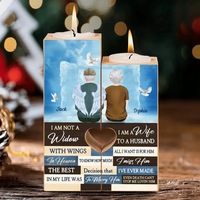 Personalized Couple Heart Candle Holder - Memorial Gift Idea For Couple - I Am Not A Widow I Am A Wife To A Husband With Wings