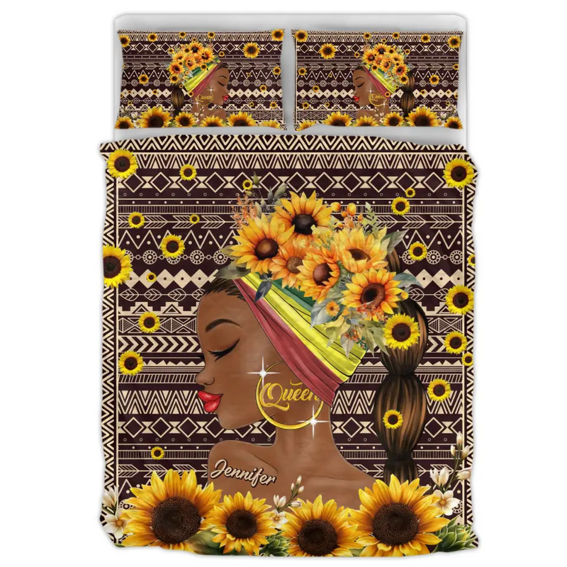 Personalized Sunflower Girl Quilt Bed Set - Gift Idea for Black Girl/Black Woman/Afro Black Girl