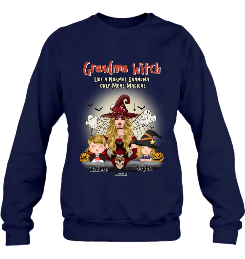 Personalized Grandma Witch Shirt/Hoodie - Gift Idea For Halloween - Up to 2 Kids - Grandma Witch Like A Normal Grandma Only More Magical