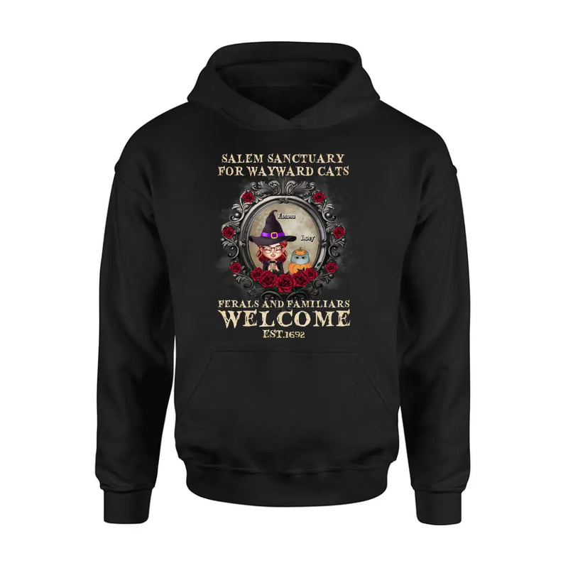 Personalized Halloween Cat Mom Shirt/Hoodie - Up to 4 Cats - Gift Idea For Cat Lovers - Salem Sanctuary for Wayward Cats Ferals and Familiars Welcome