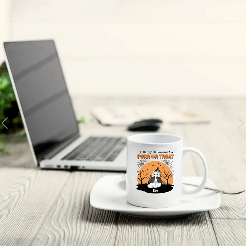 Personalized Meowloween Coffee Mug - Up to 6 Cats - Halloween Gift Idea for Cat Lovers - Happy Hallomeow