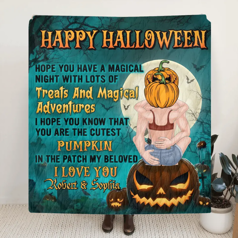Personalized Couple Fleece Throw Blanket/Quilt - Halloween Gift Idea For Couple/Him & Her - Happy Halloween Hope You Have A Magical Night