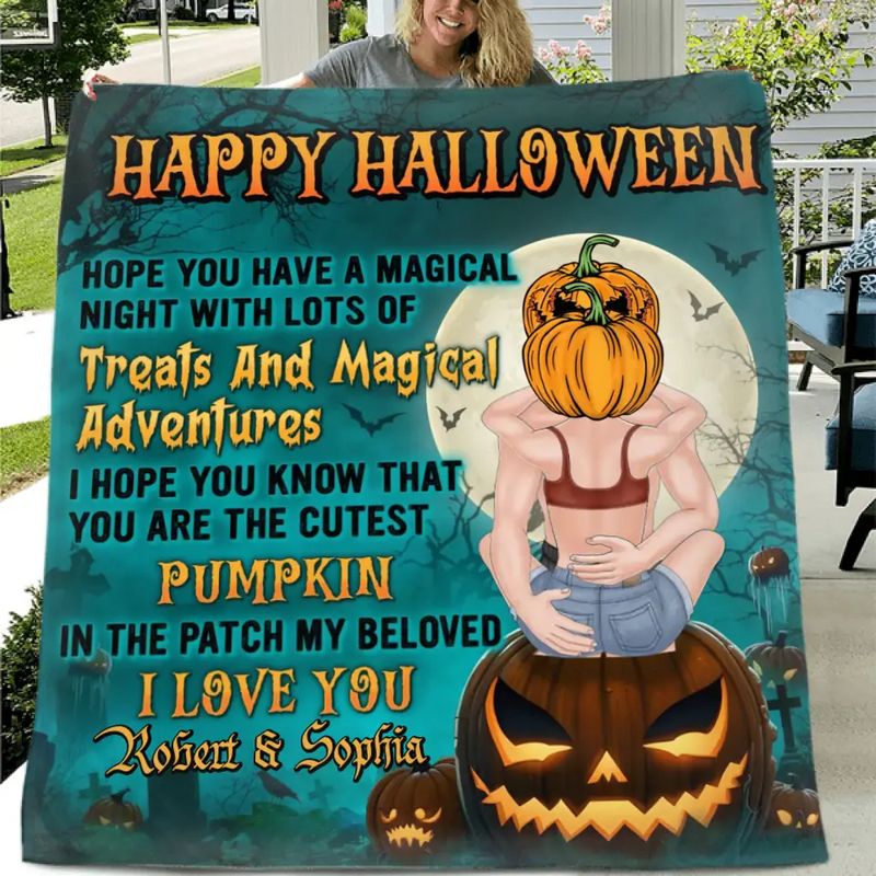 Personalized Couple Fleece Throw Blanket/Quilt - Halloween Gift Idea For Couple/Him & Her - Happy Halloween Hope You Have A Magical Night