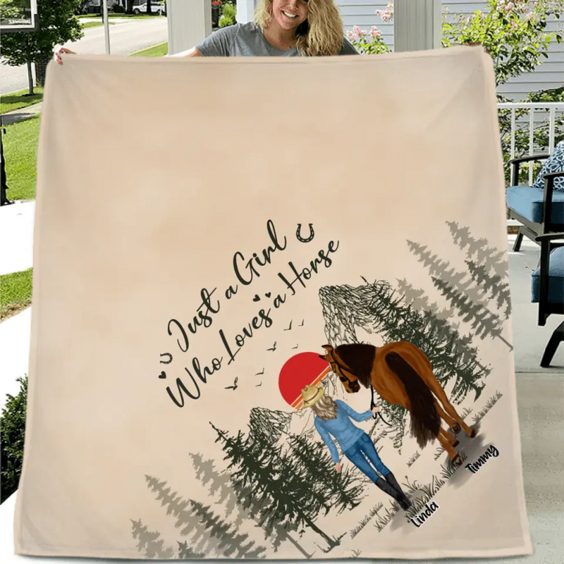 Personalized Horse Girl Quilt/Fleece Throw Blanket - Gift Idea For Horse Lovers - Up To 6 Horses - Just A Girl Who Loves A House
