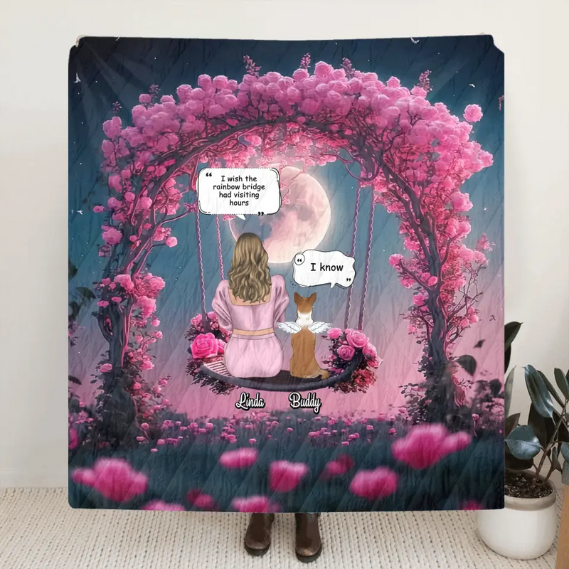 Custom Memorial Dog Mom Quilt/Fleece Throw Blanket - Up to 4 Dogs - Memorial Gift Idea For Dog Owners - I Wish The Rainbow Bridge Had Visiting Hours