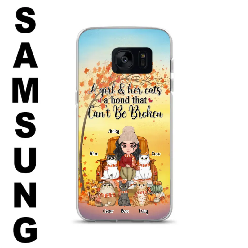 Personalized Cat Mom Fall Season Phone Case - Gift Idea For Cat Owners - Up to 5 Cats - Case For iPhone/Samsung - A Girl & Her Cats A Bond That Can't Be Broken