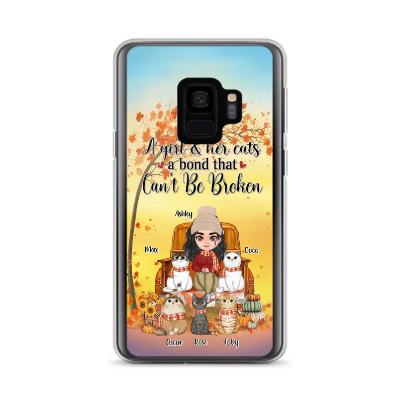 Personalized Cat Mom Fall Season Phone Case - Gift Idea For Cat Owners - Up to 5 Cats - Case For iPhone/Samsung - A Girl & Her Cats A Bond That Can't Be Broken