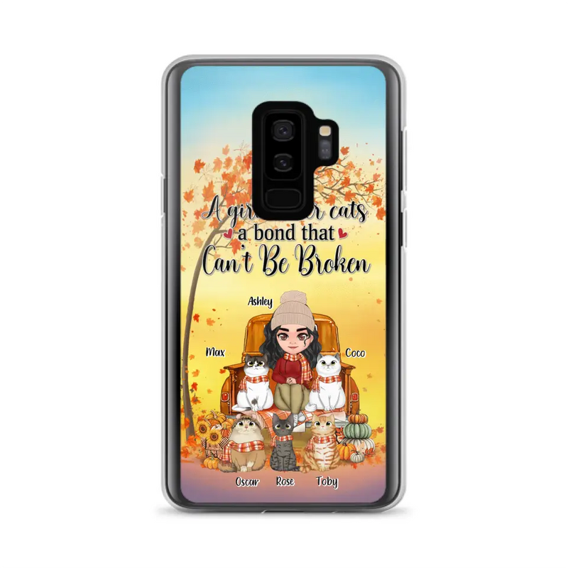 Personalized Cat Mom Fall Season Phone Case - Gift Idea For Cat Owners - Up to 5 Cats - Case For iPhone/Samsung - A Girl & Her Cats A Bond That Can't Be Broken