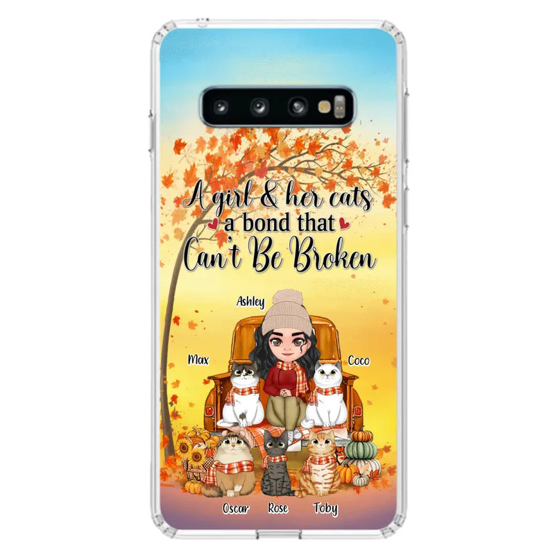 Personalized Cat Mom Fall Season Phone Case - Gift Idea For Cat Owners - Up to 5 Cats - Case For iPhone/Samsung - A Girl & Her Cats A Bond That Can't Be Broken