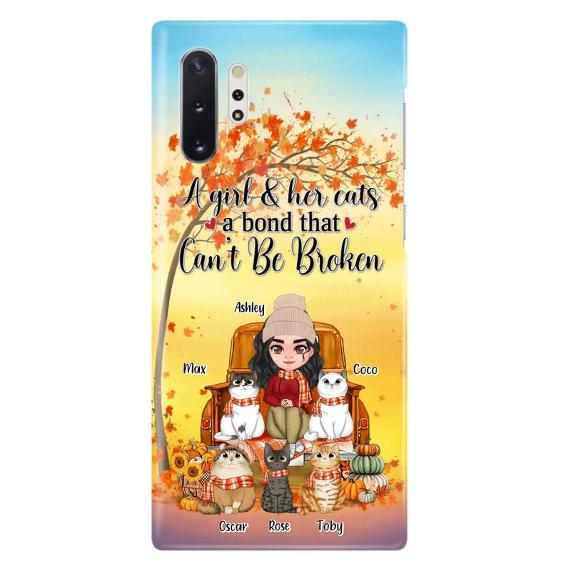 Personalized Cat Mom Fall Season Phone Case - Gift Idea For Cat Owners - Up to 5 Cats - Case For iPhone/Samsung - A Girl & Her Cats A Bond That Can't Be Broken