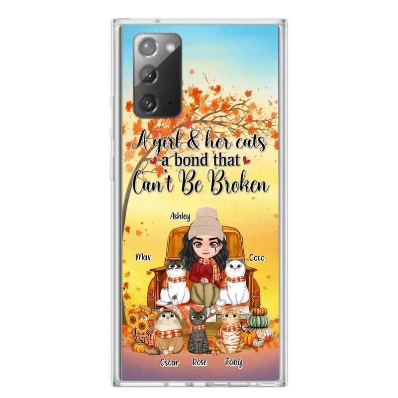Personalized Cat Mom Fall Season Phone Case - Gift Idea For Cat Owners - Up to 5 Cats - Case For iPhone/Samsung - A Girl & Her Cats A Bond That Can't Be Broken