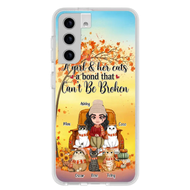 Personalized Cat Mom Fall Season Phone Case - Gift Idea For Cat Owners - Up to 5 Cats - Case For iPhone/Samsung - A Girl & Her Cats A Bond That Can't Be Broken