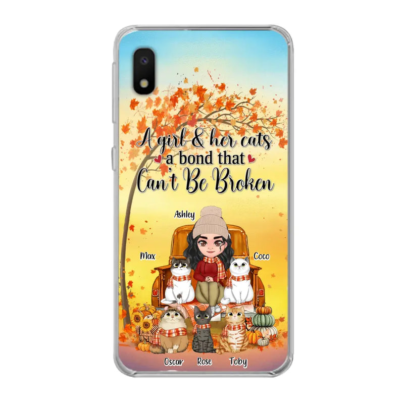Personalized Cat Mom Fall Season Phone Case - Gift Idea For Cat Owners - Up to 5 Cats - Case For iPhone/Samsung - A Girl & Her Cats A Bond That Can't Be Broken