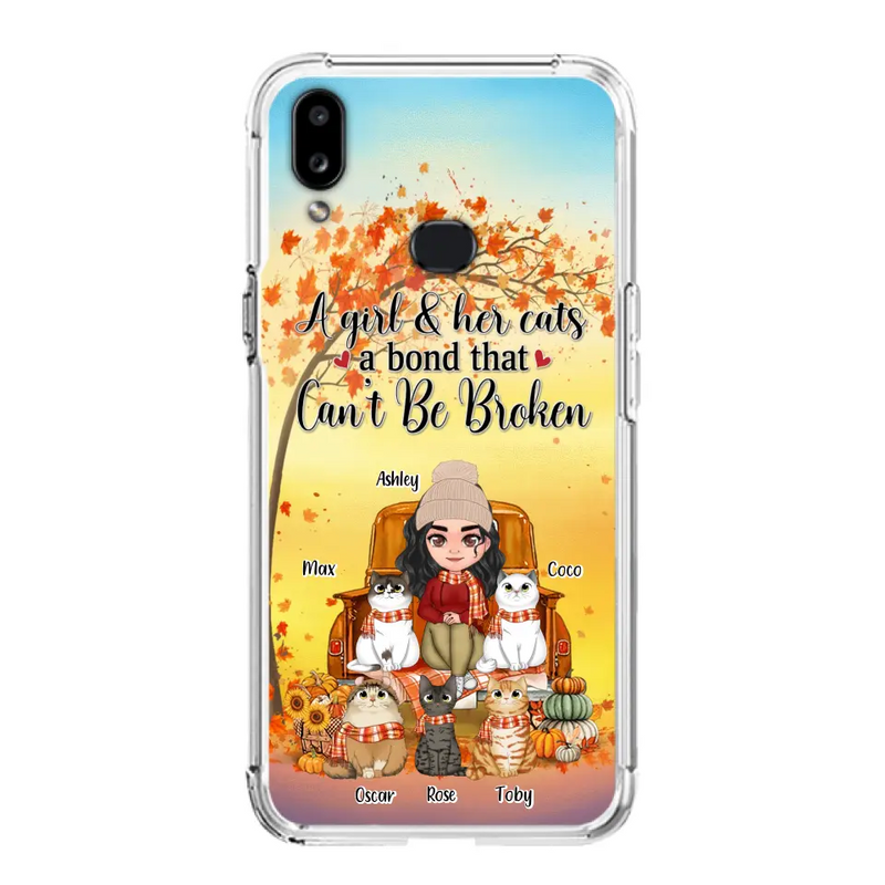 Personalized Cat Mom Fall Season Phone Case - Gift Idea For Cat Owners - Up to 5 Cats - Case For iPhone/Samsung - A Girl & Her Cats A Bond That Can't Be Broken