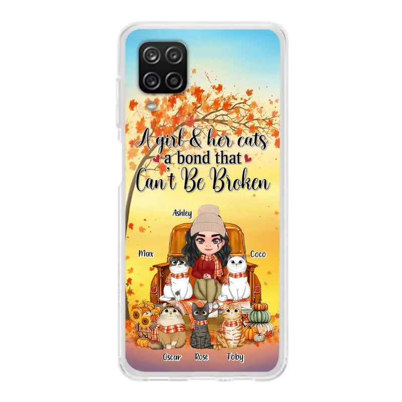 Personalized Cat Mom Fall Season Phone Case - Gift Idea For Cat Owners - Up to 5 Cats - Case For iPhone/Samsung - A Girl & Her Cats A Bond That Can't Be Broken
