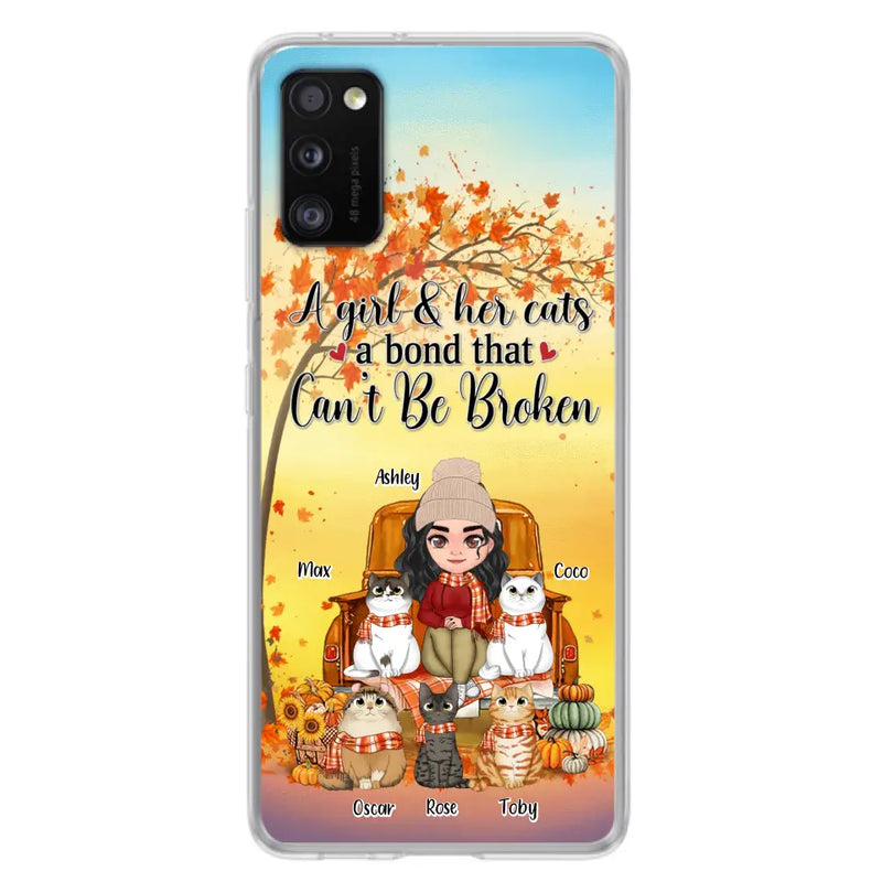Personalized Cat Mom Fall Season Phone Case - Gift Idea For Cat Owners - Up to 5 Cats - Case For iPhone/Samsung - A Girl & Her Cats A Bond That Can't Be Broken