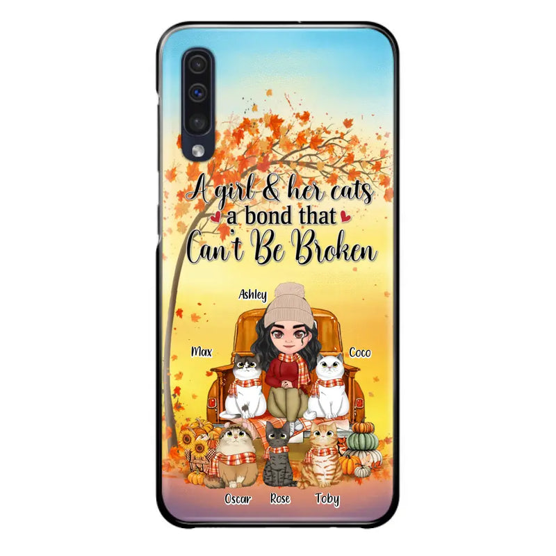 Personalized Cat Mom Fall Season Phone Case - Gift Idea For Cat Owners - Up to 5 Cats - Case For iPhone/Samsung - A Girl & Her Cats A Bond That Can't Be Broken