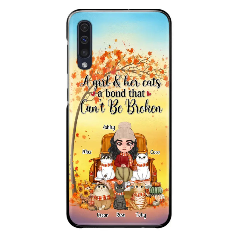 Personalized Cat Mom Fall Season Phone Case - Gift Idea For Cat Owners - Up to 5 Cats - Case For iPhone/Samsung - A Girl & Her Cats A Bond That Can't Be Broken